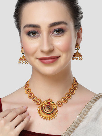 Karatcart Red and Green Stones Studded Temple Jewellery Set for Women