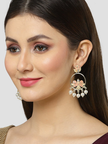 Karatcart Gold Plated Pearl Studded Peach Meena Dangler Earrings for Women