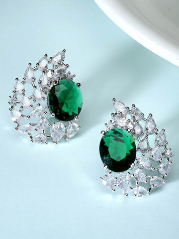 Karatcart Silver Plated Drop Design Green Cubic Zirconia Stud Earrings for Women