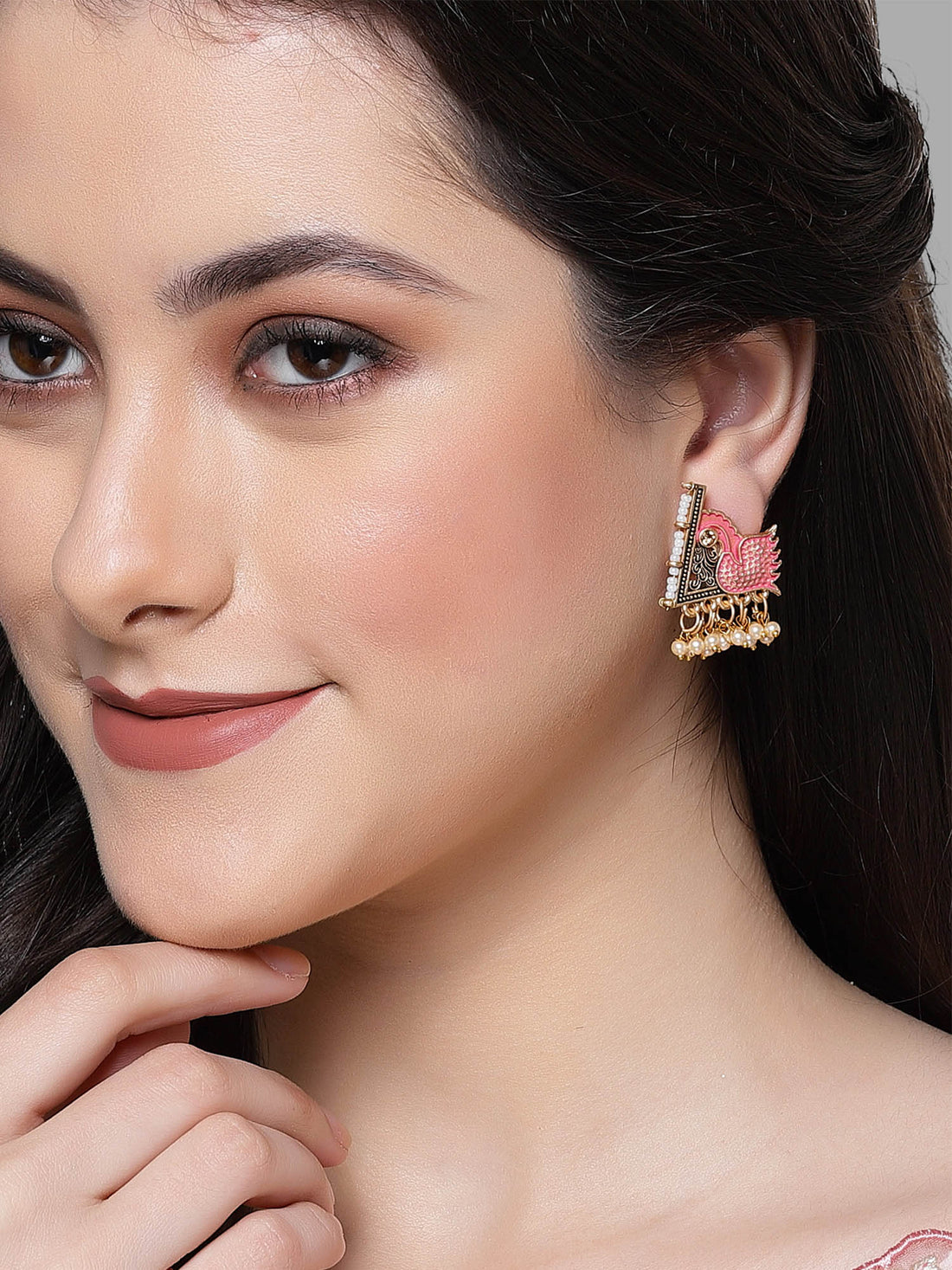 Karatcart Gold Plated Pink Meena Peacock Design Stud Earrings for Women