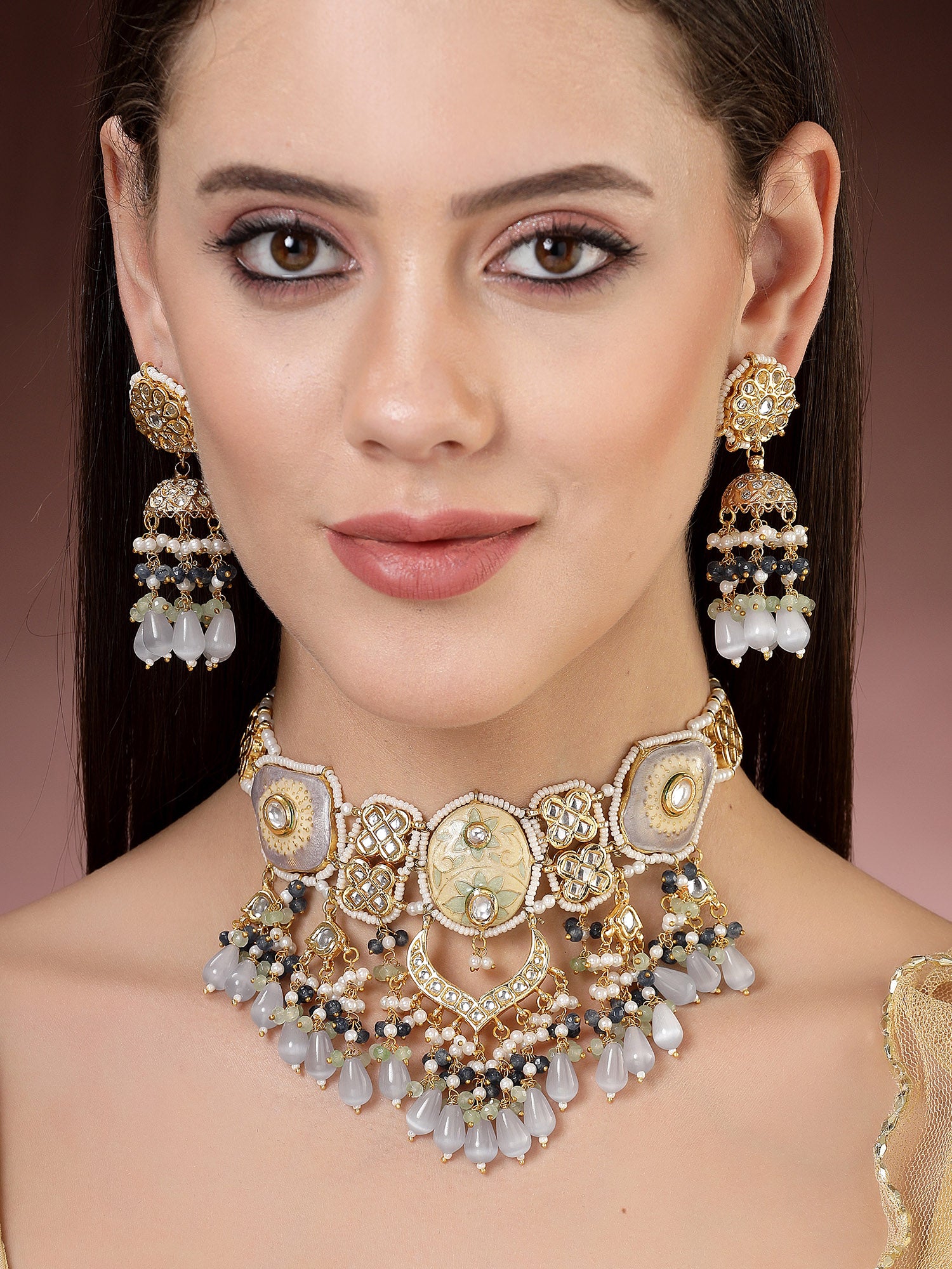 Karatcart Yellow and Purple Meena Olive Crystal Polki Choker Necklace Set for Women
