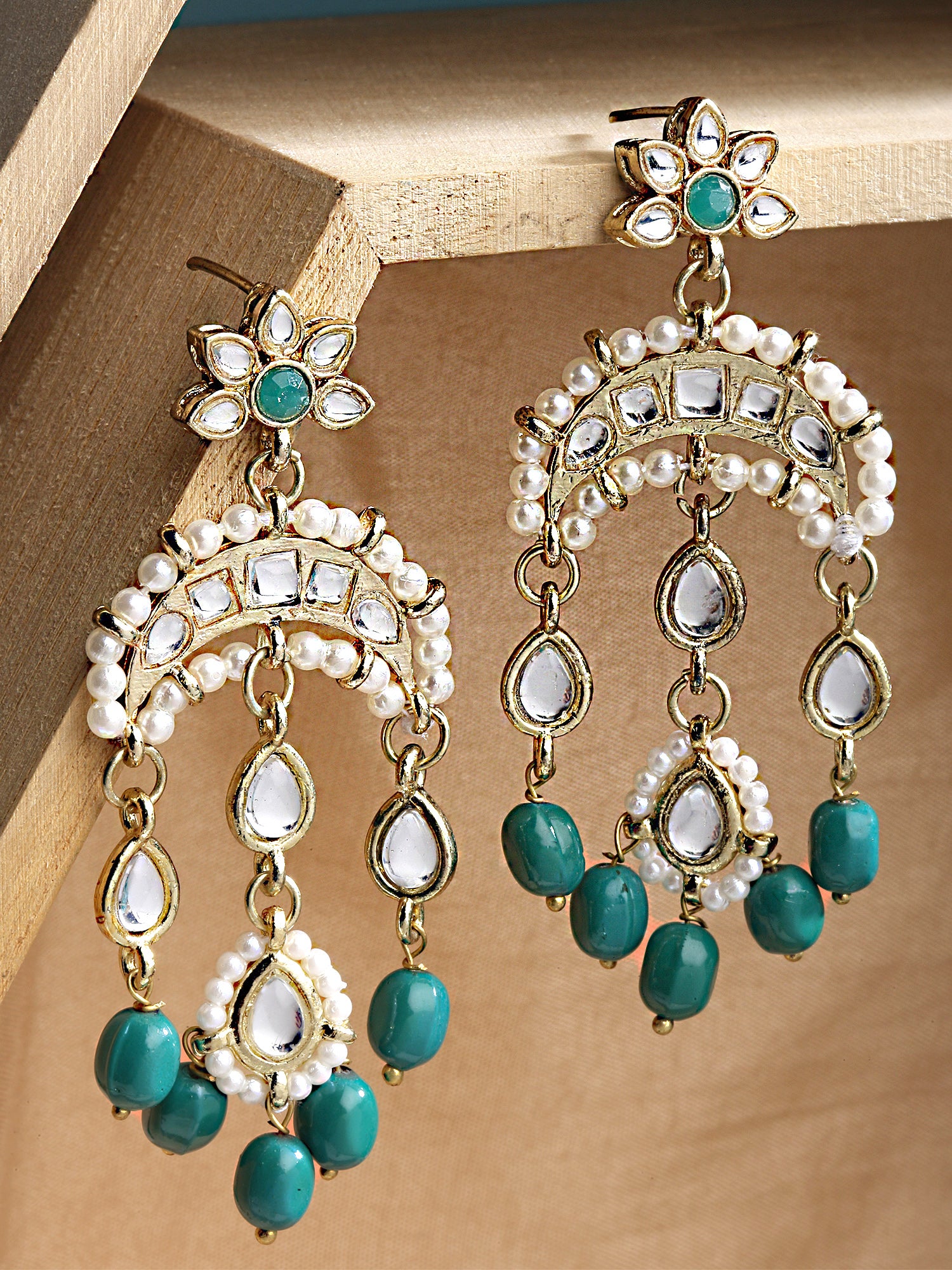 Karatcart Gold Plated Green Tumble Kundan Dangler Earrings for Women - view 3