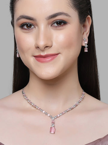 Karatcart Silver Tone Square Pink Cubic Zirconia Necklace Set for Women