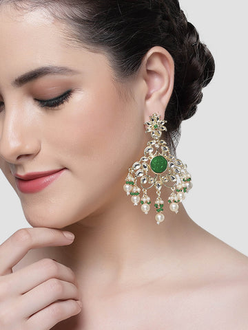 Karatcart Gold Plated Green Carved Stone Kundan Dangler Earrings for Women