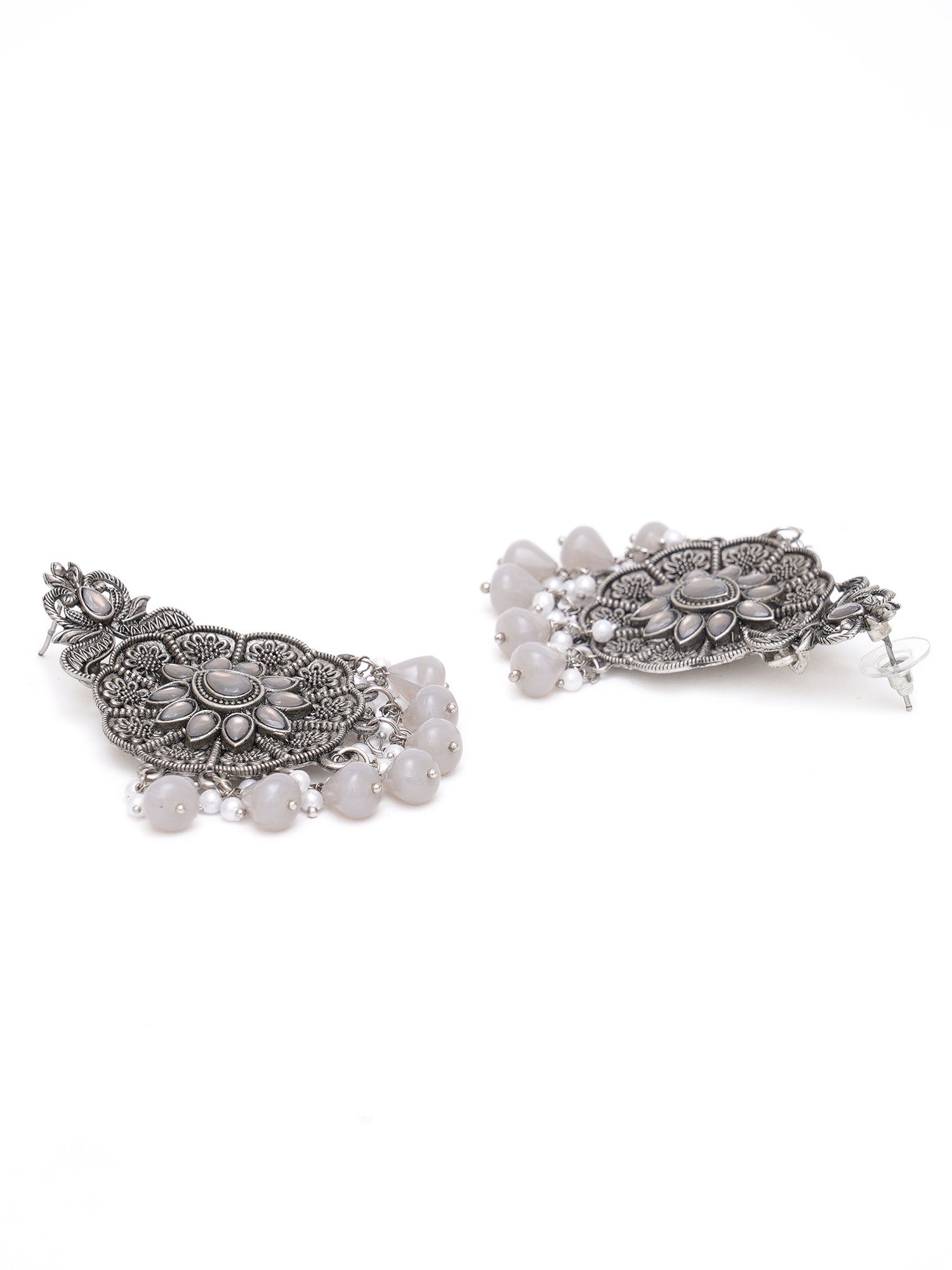 Karatcart Oxidised Silver Grey Monalisa Stone Studded Floral Dangler Earrings for Women - view 5