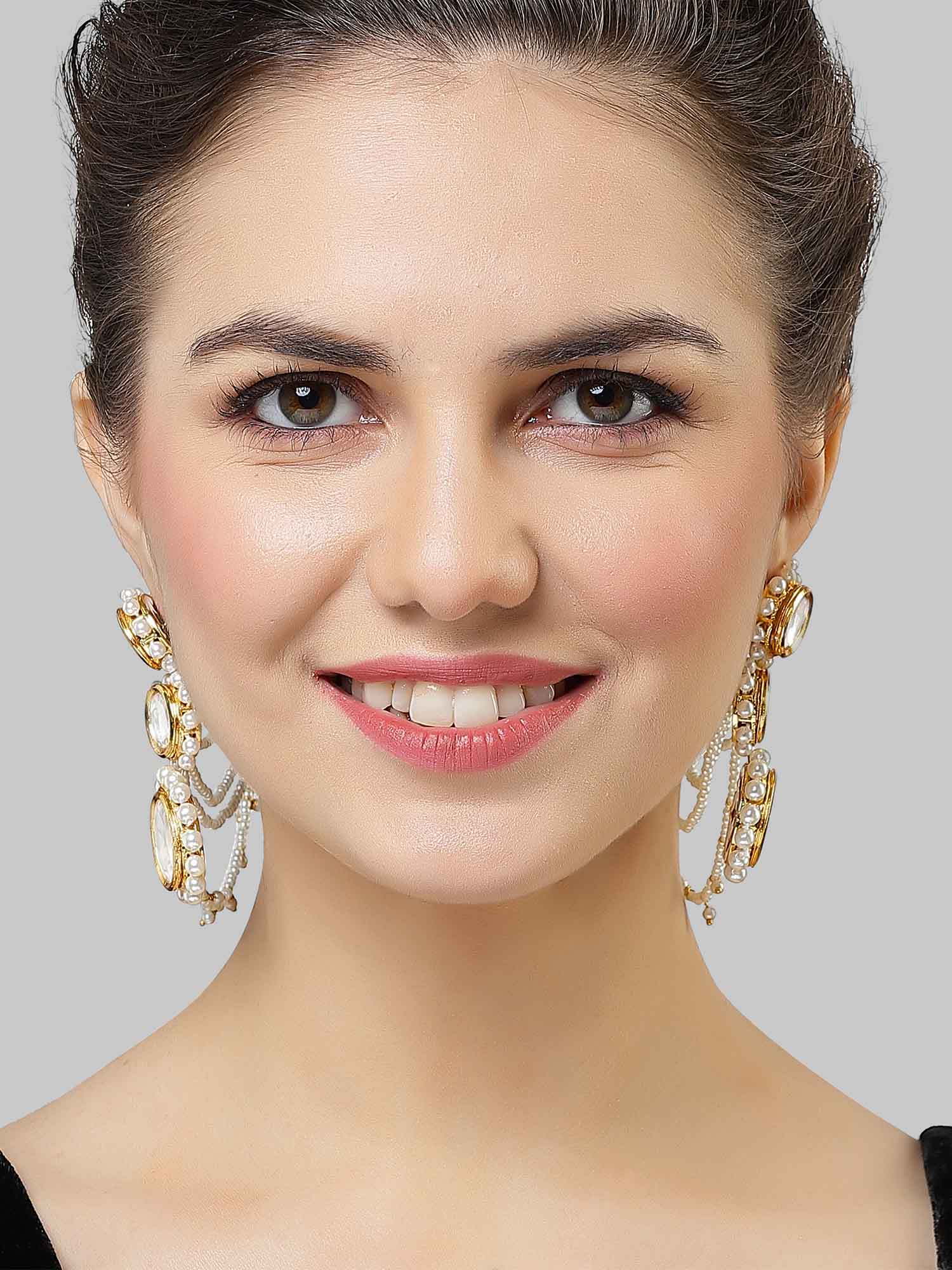 Karatcart Gold Plated Polki Kundan Pearl Kaanchain Earrings for Women - view 2