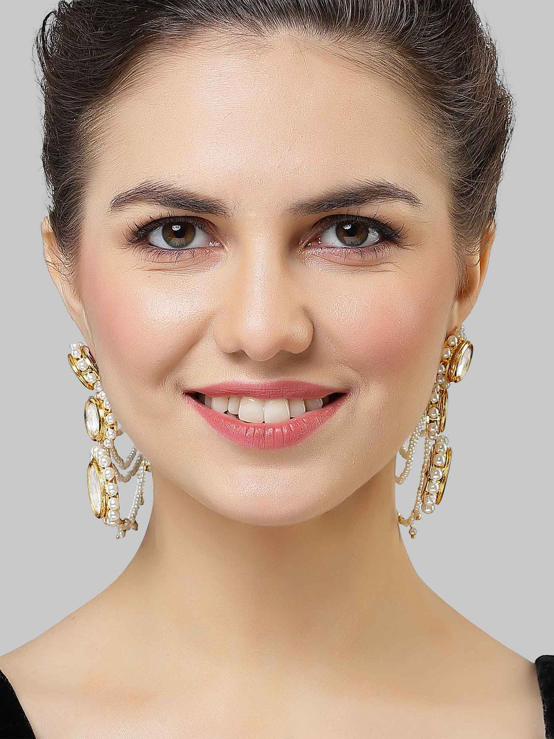 Karatcart Gold Plated Polki Kundan Pearl Kaanchain Earrings for Women