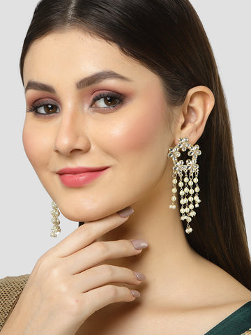 Karatcart Gold Plated Floral Design Kundan Pearl Tassel Earrings for Women