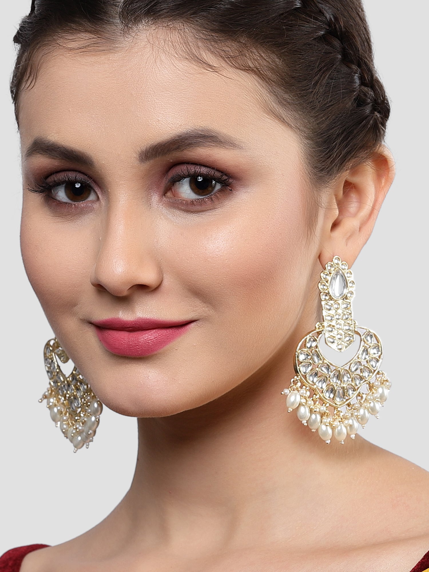 Karatcart Gold Plated Drop Shape Kundan Studded Dangler Earrings for Women - view 2