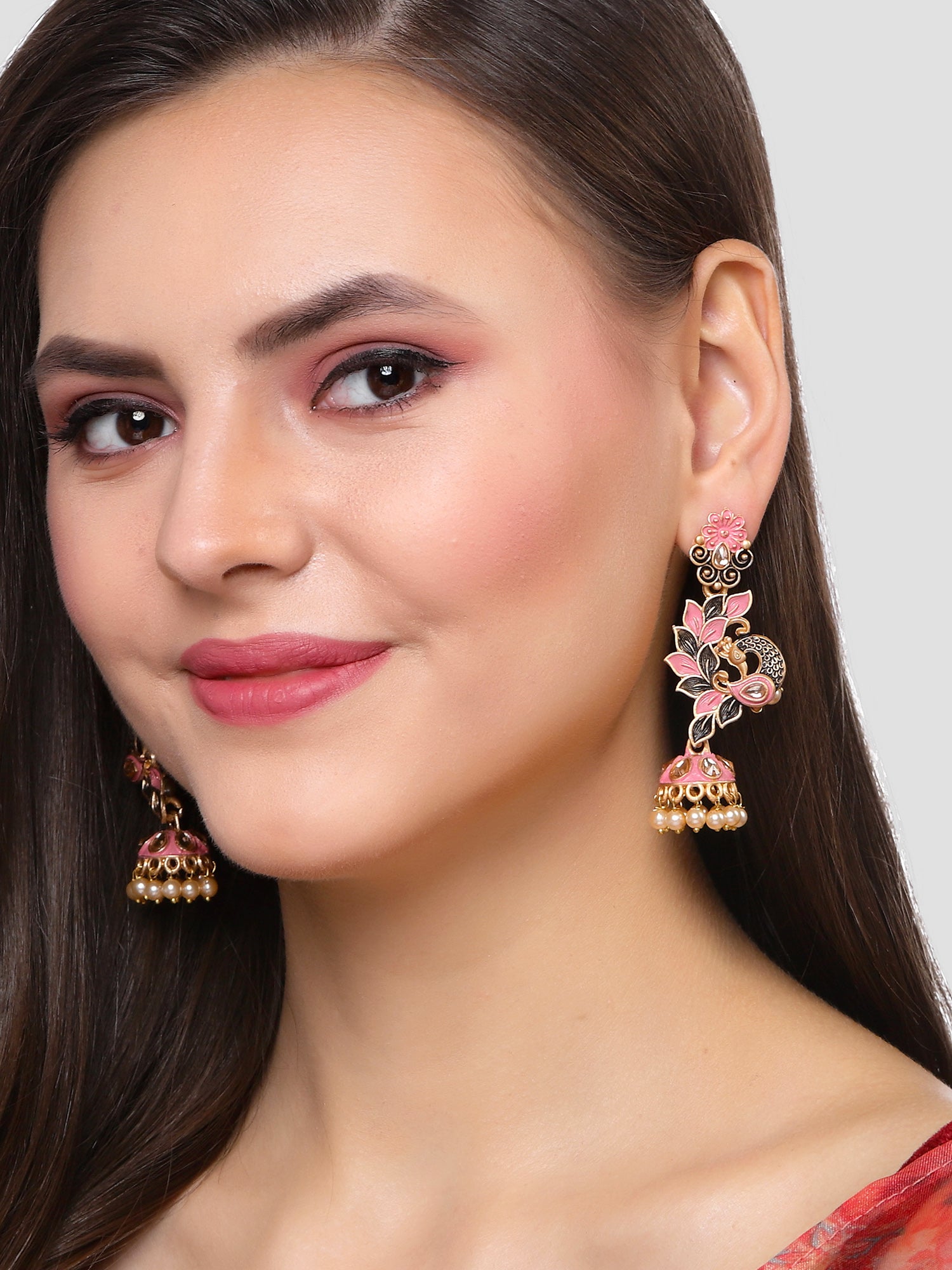 Karatcart Gold Plated Peacock Shape Pink Kundan Dangler Jhumki Earrings for Women - Image 1