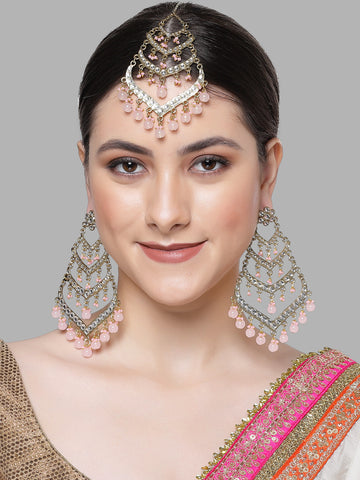 Karatcart Gold Plated Pink Beads Kundan Earrings With Maangtikka Set for Women