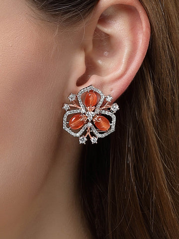 Karatcart Silver & Rose Gold Plated Orange Stone Floral Design Cubic Zirconia Stud Earrings