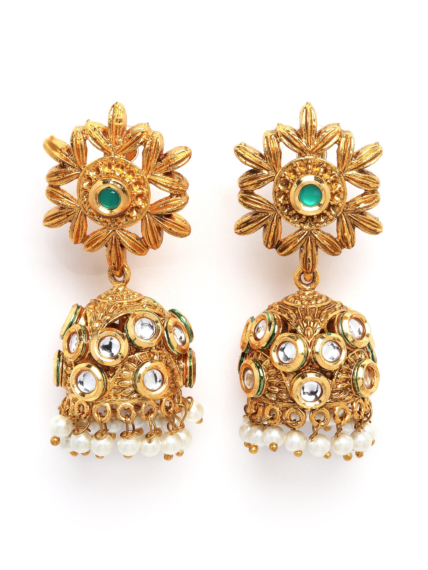 Karatcart Gold Plated Green Floral Polki Kundan Studded Jhumki Earrings for Women - view 4