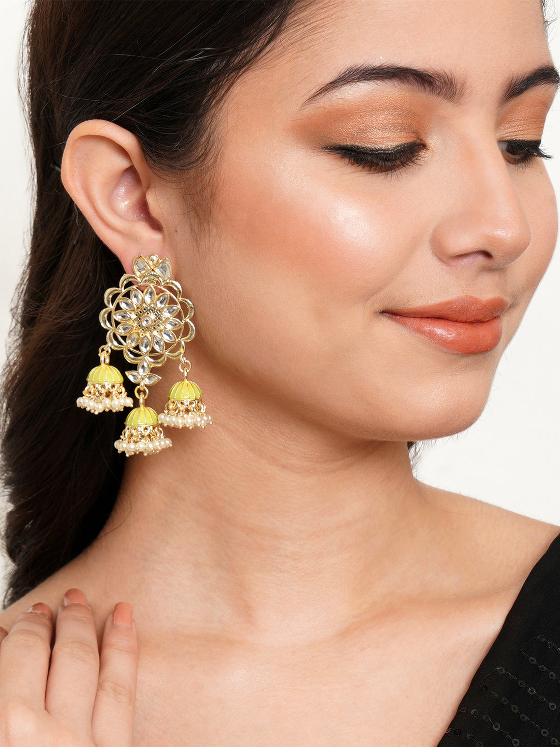 Karatcart Gold Plated Kundan Studded Light Green Meena Triple Jhumki Earrings for Women