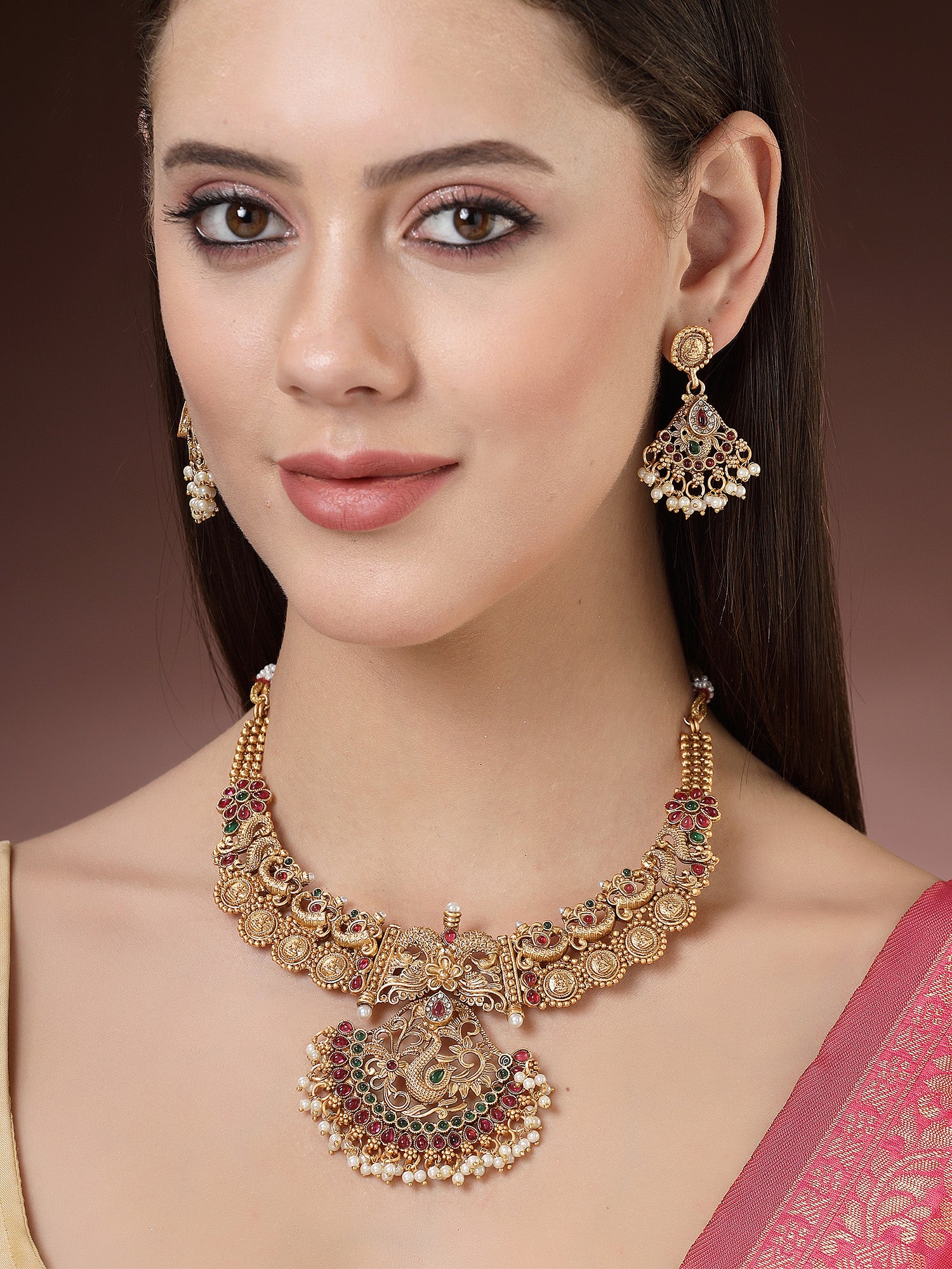 Karatcart Gold Plated Red and Green Stone Peacock Design Temple Jewellery Set for Women