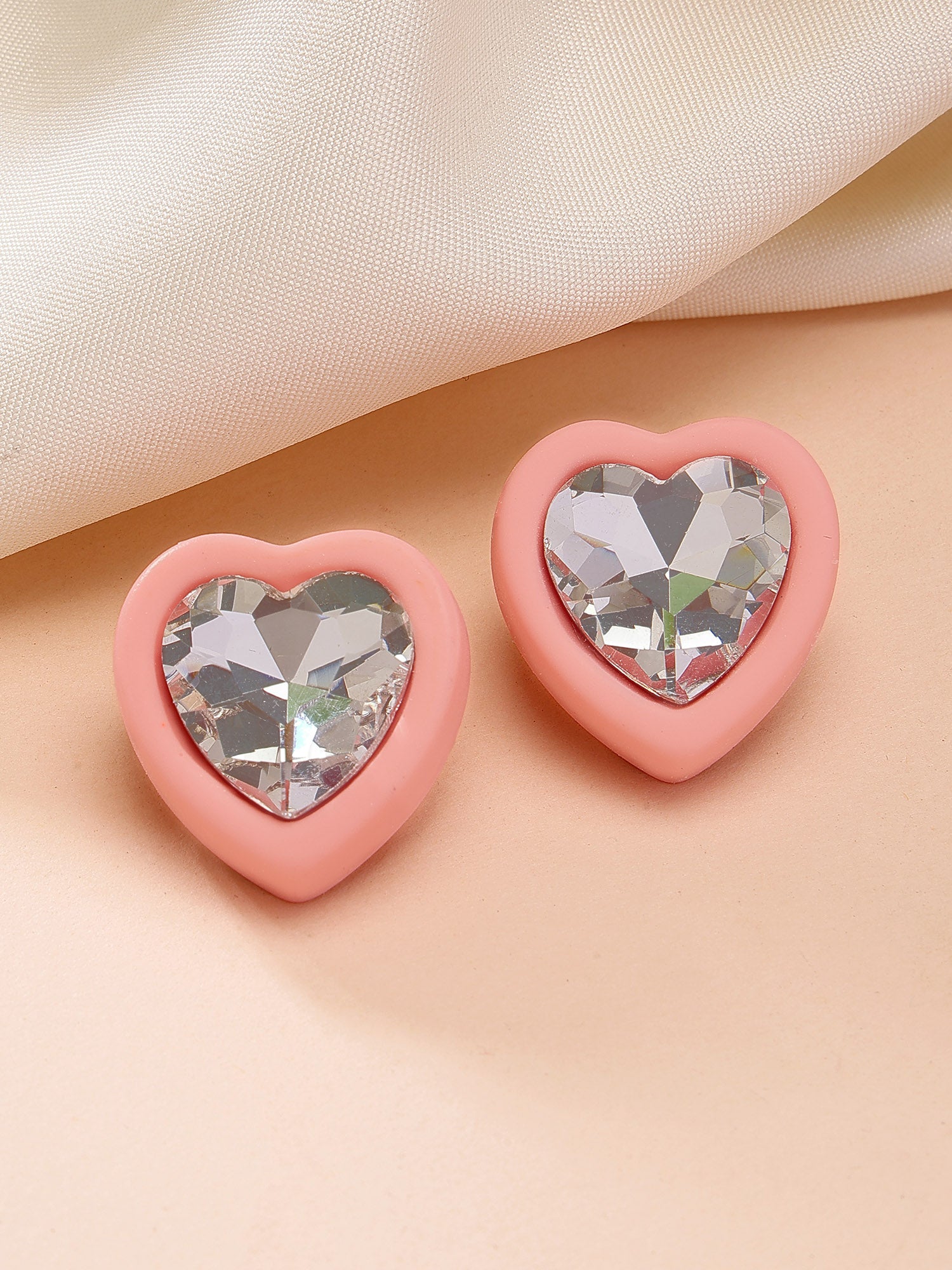 Bohey by KARATCART Pink Matte Finish Heart Shape Rhinestone Stud Earrings for Women