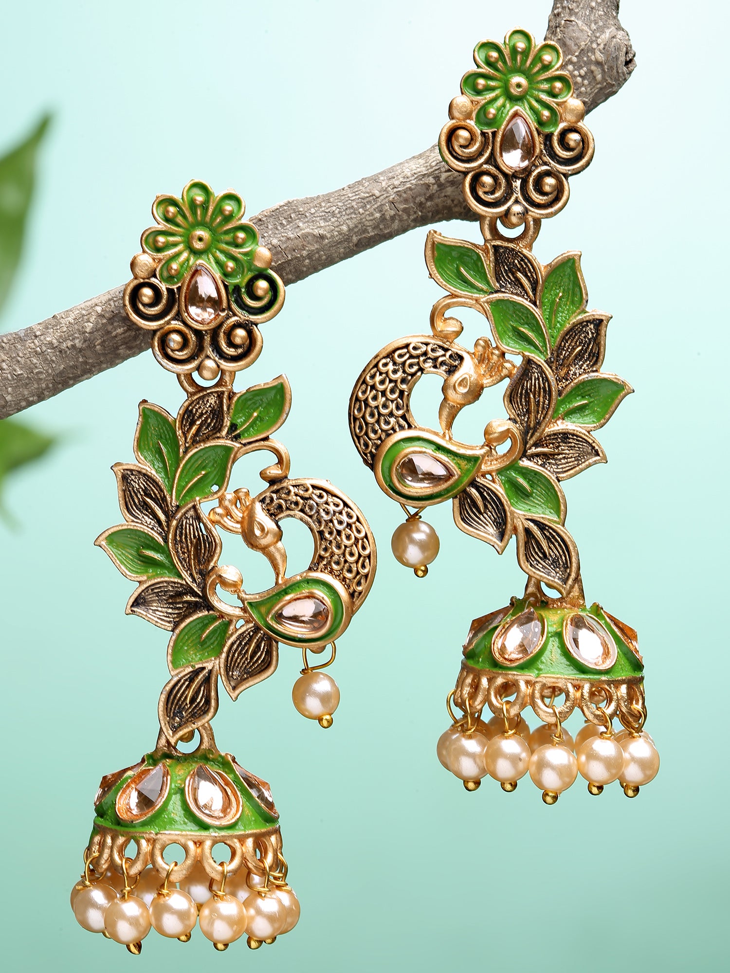 Karatcart Gold Plated Peacock Shape Light Green Kundan Dangler Jhumki Earrings for Women - view 3