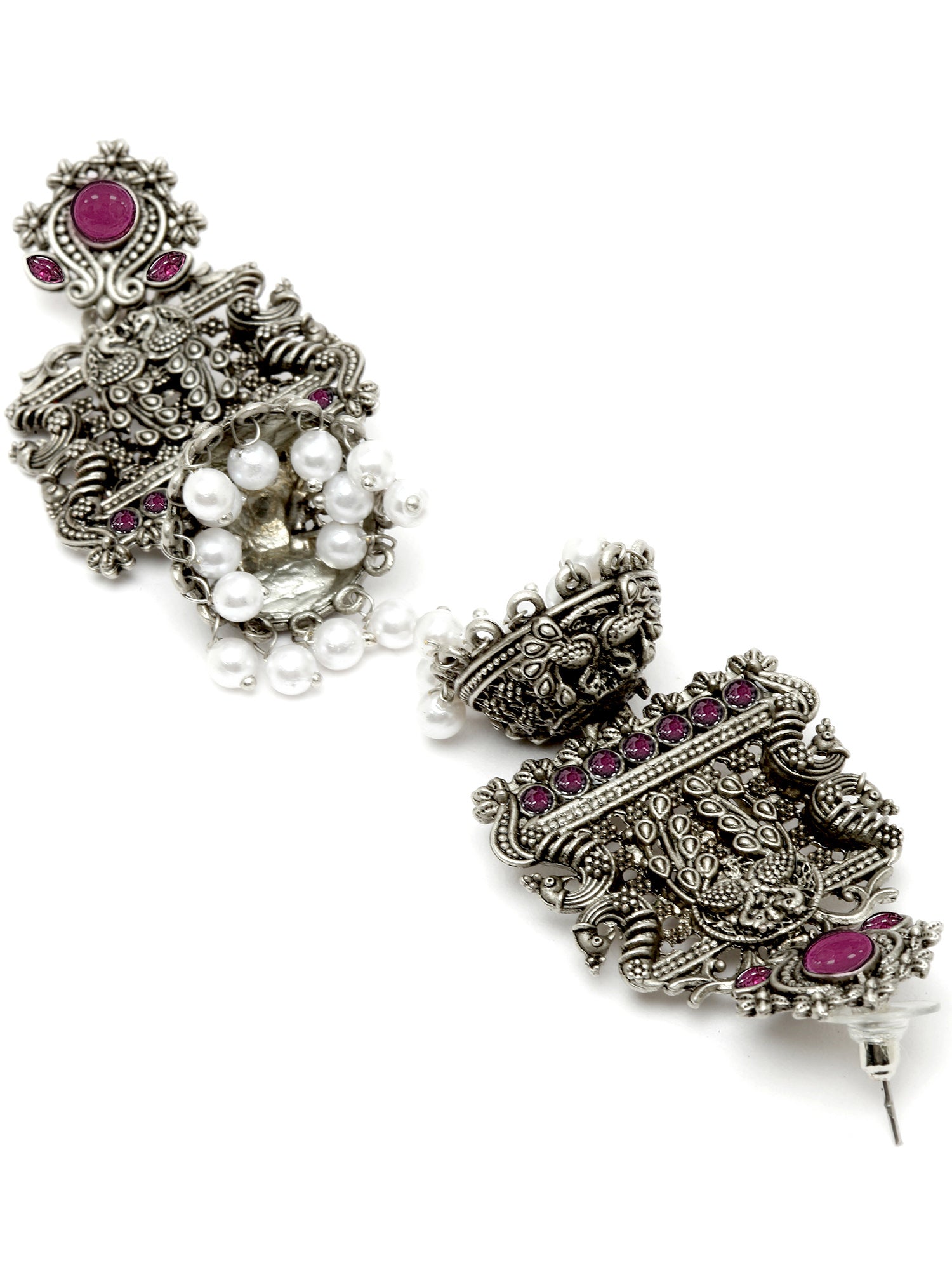 Karatcart Oxidised Silver Peacock Red Stone Studded Dangler Jhumki Earrings for Women - view 5