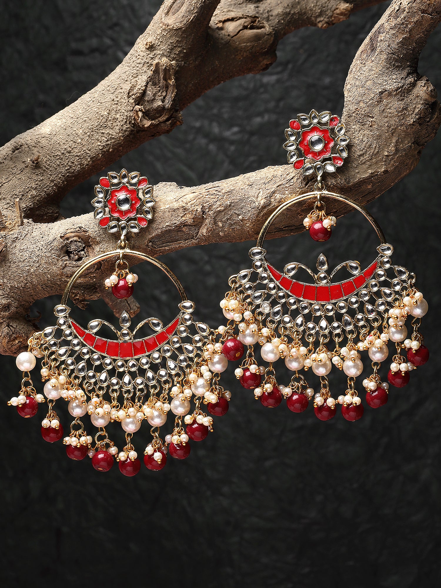 Karatcart Gold Plated Red Beads and Pearl Kundan Chandbali Earrings for Women - view 3