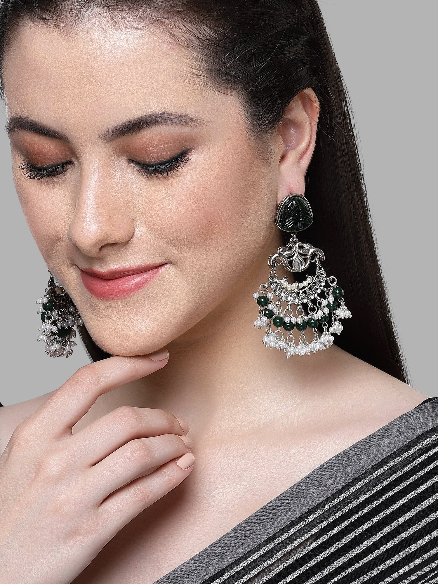 Karatcart Oxidised Silver Plated Green Carved Stone Studded Dangler Earrings for Women - Image 1