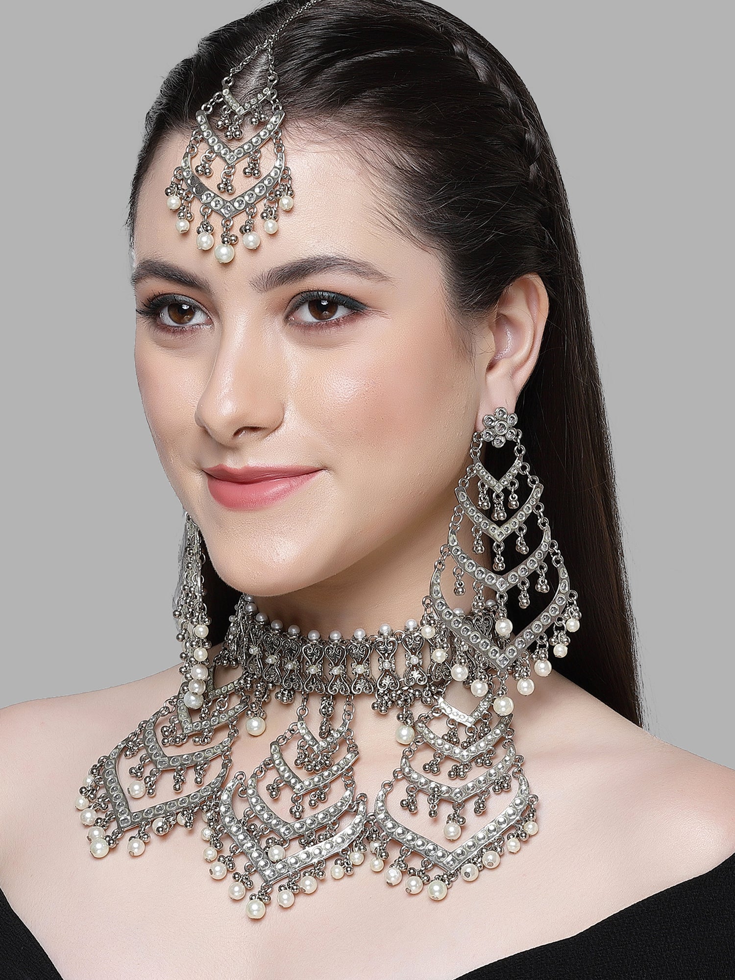 KARATCART Oxidised Silver Kundan Bridal Silver Jewellery Set for Women