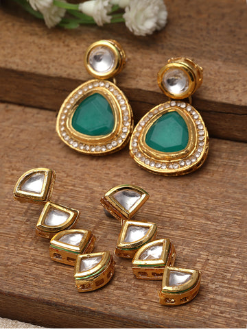 Karatcart Green and Gold Set of 2 Polki Kundan Drop Earrings for Women