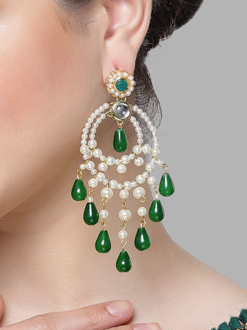 Karatcart Gold Plated Green Bead Kundan Drop Earrings for Women