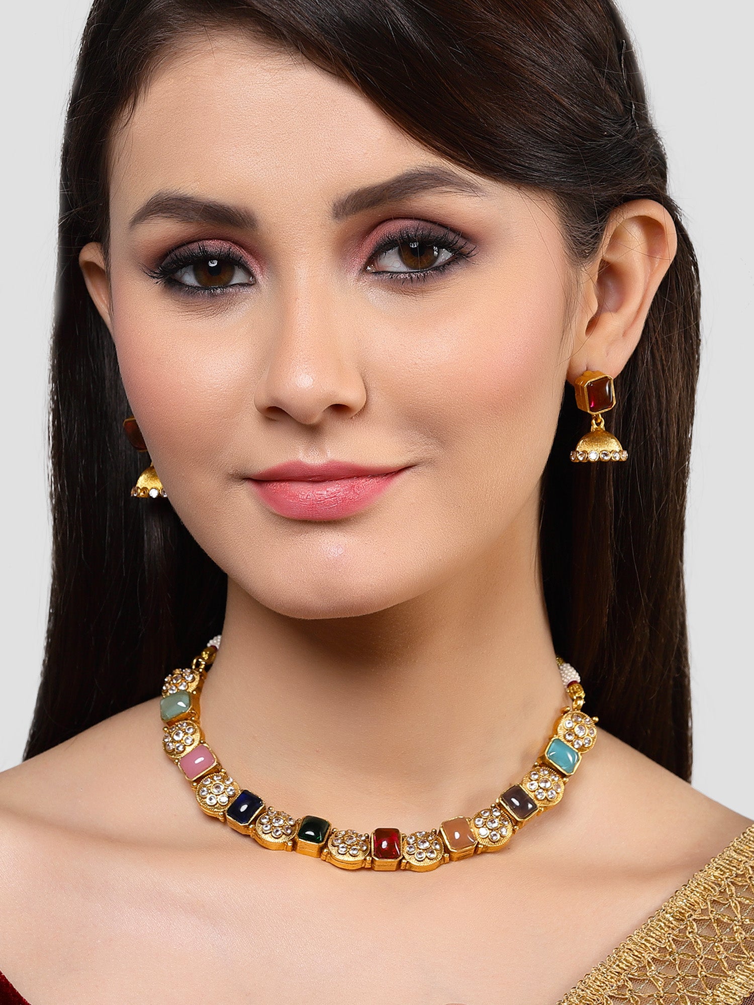 Karatcart Antique Gold Plated Multicolor Stones Studded Floral Design Necklace Set - Image 1