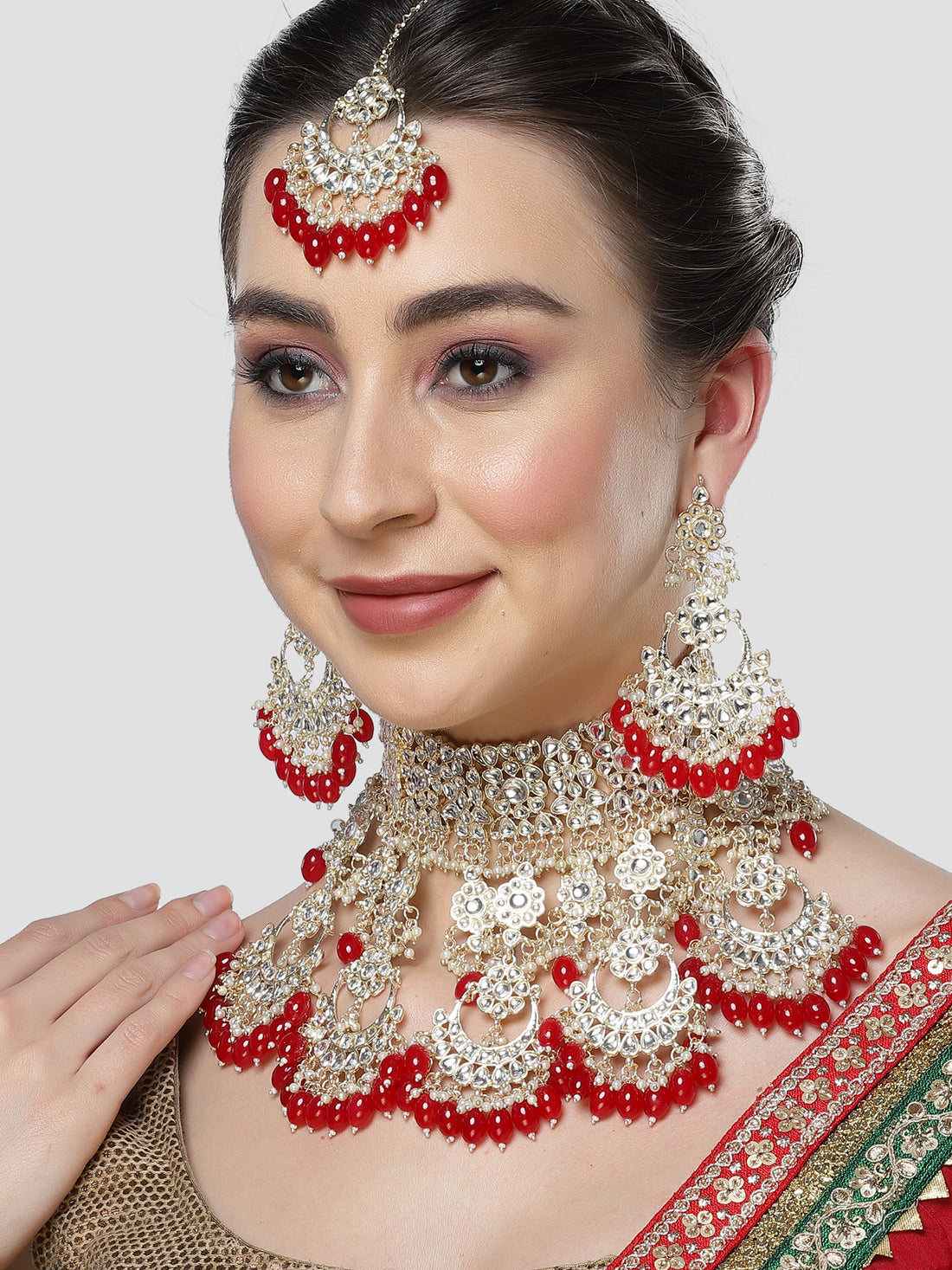 Karatcart Gold Plated Red Tumble Studded Kundan Bridal Necklace Set for Women