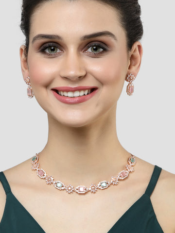 Karatcart Rose Gold Plated Pink and Light Green Cubic Zirconia Studded Necklace Set