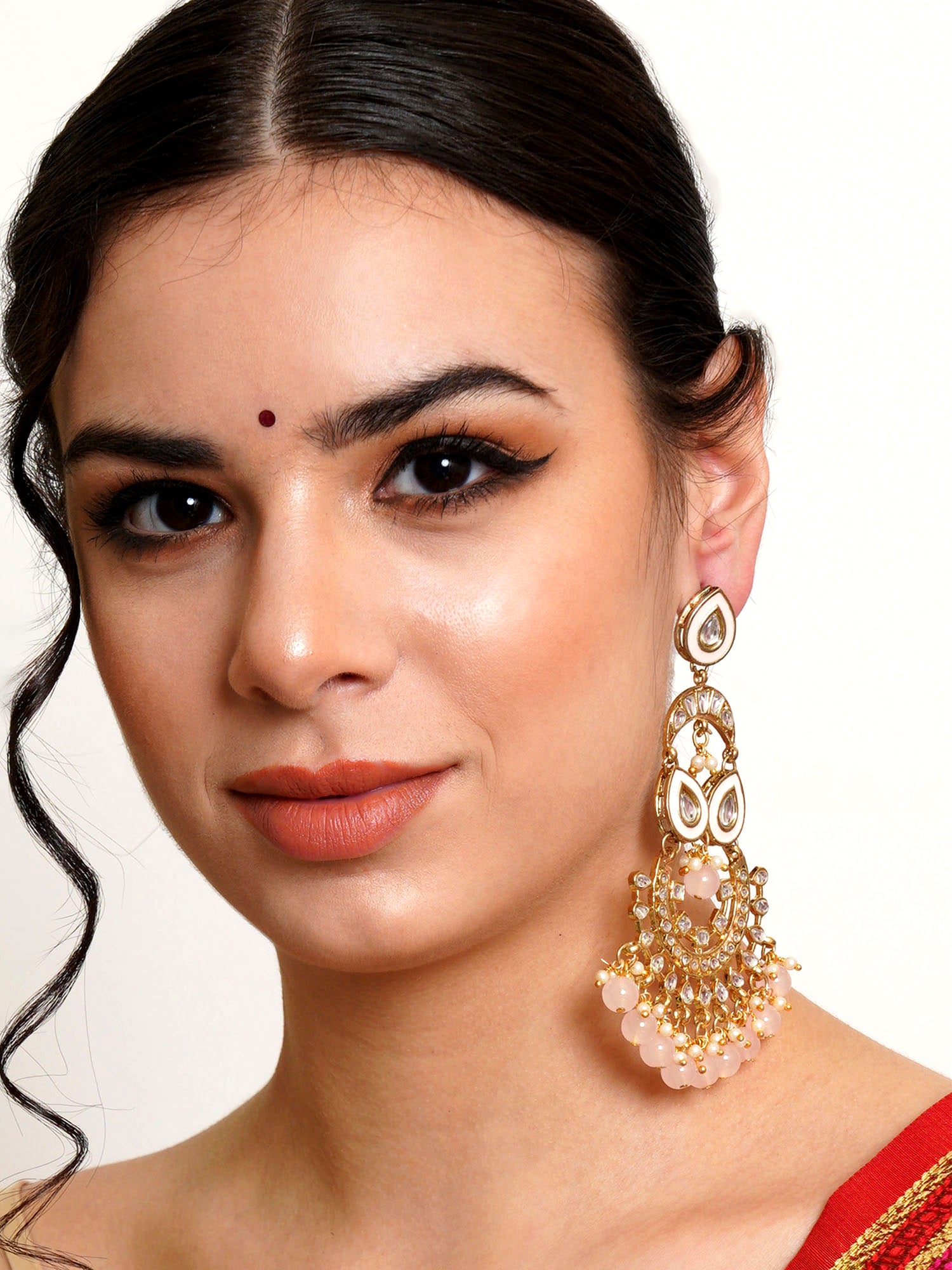 Karatcart Gold Plated Pink Beads Kundan Dangler Earrings for Women - view 2