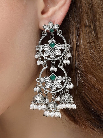 Karatcart Oxidised Silver Floral Design Green Kundan Drop Earrings for Women