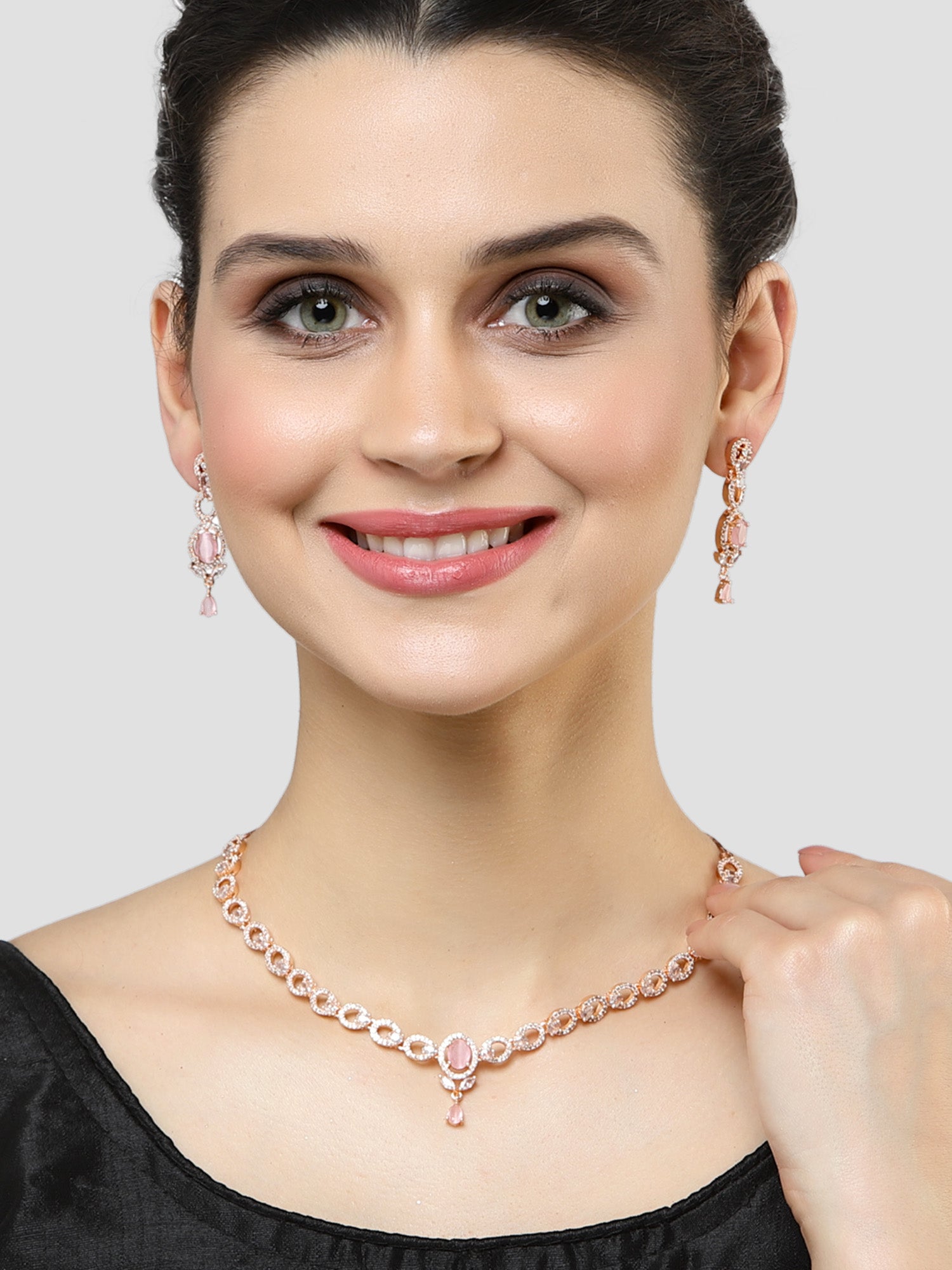 Karatcart Rose Gold Plated Pink Cubic Zirconia Studded Necklace Set for Women