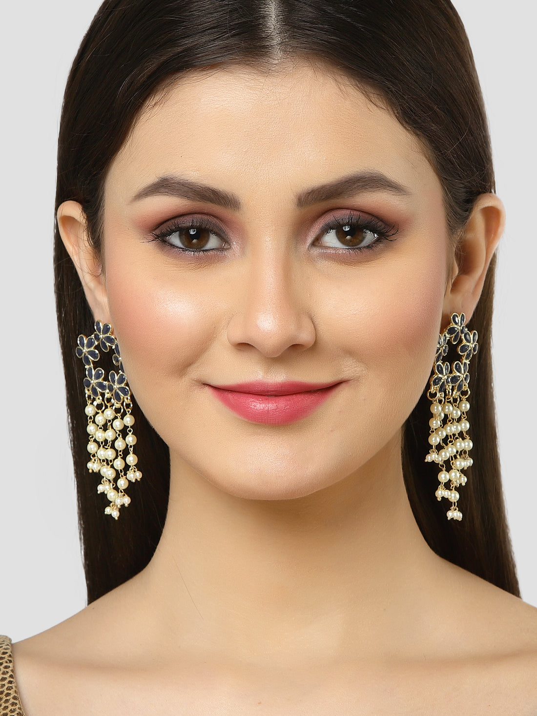 Karatcart Gold Plated Floral Design Blue Kundan Pearl Tassel Earrings for Women