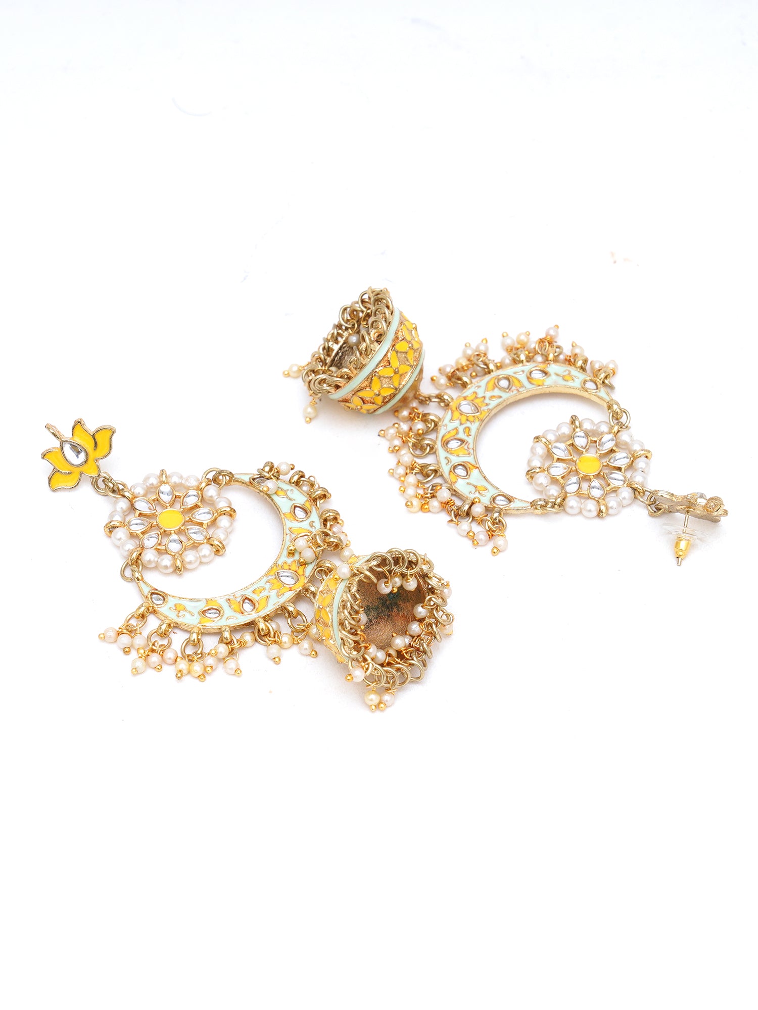 Karatcart Gold Plated Floral Yellow Meena Kundan Jhumki Earrings for Women - view 4
