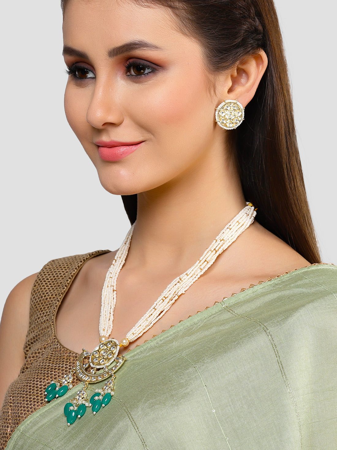 Karatcart Gold Plated Green Tumble And Kundan Studded Long Rani Haar Necklace Set - Womens