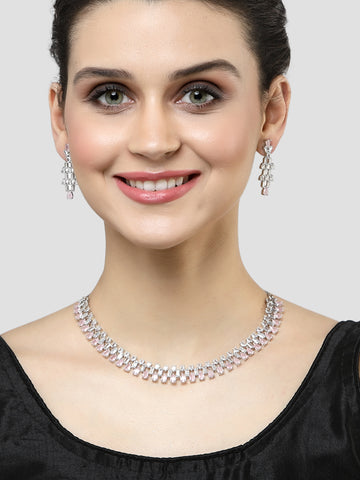 Karatcart Silver Tone Pink Cubic Zirconia Studded Necklace Set