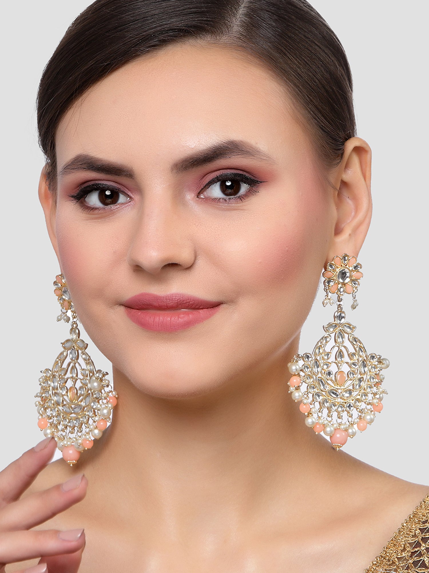 Karatcart Gold Plated Peach Beads and Pearl Studded Kundan Dangler Earrings for Women - view 2