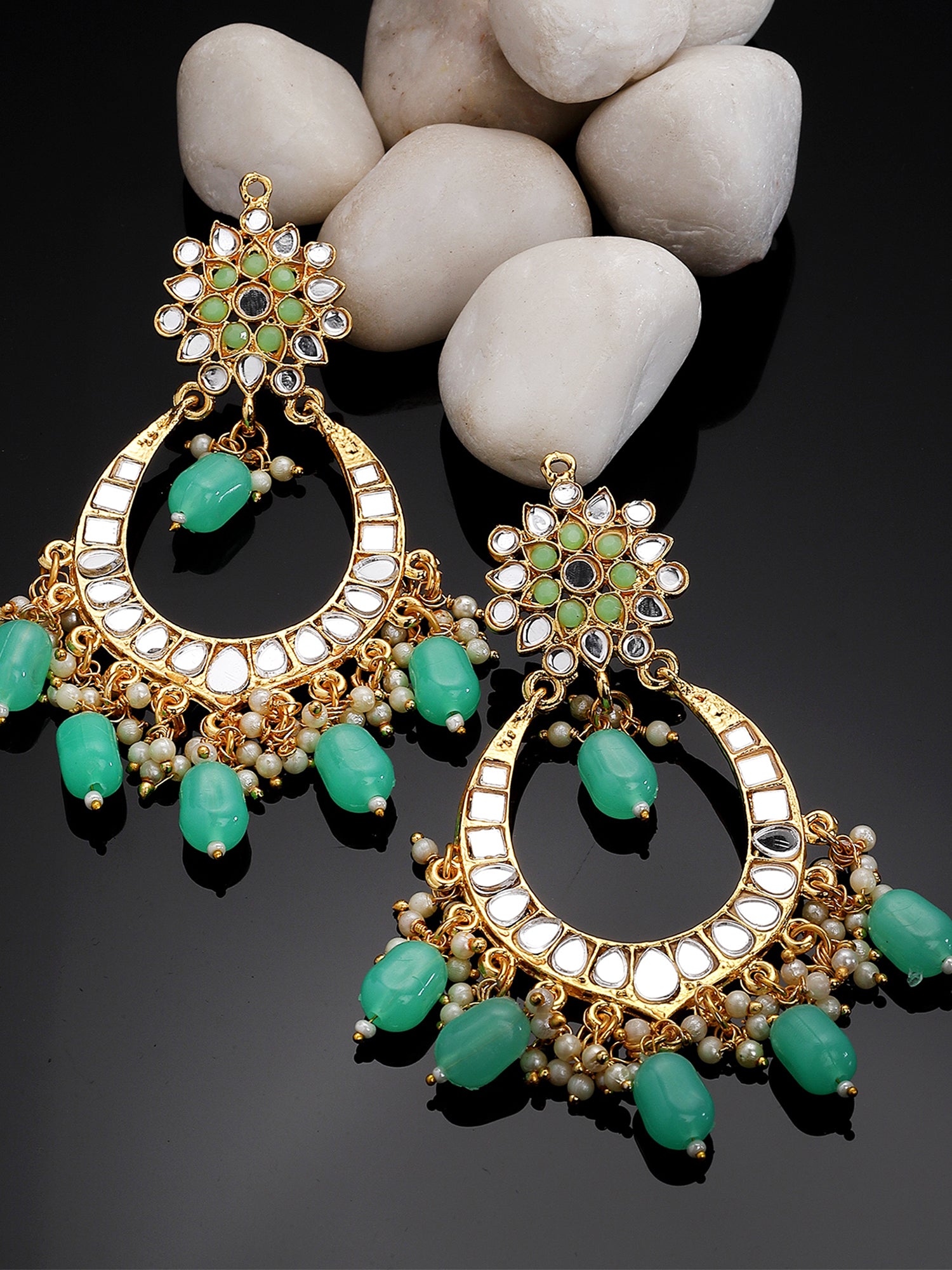 Karatcart Gold Plated Mirror and Light Green Tumble Studded Dangler Earrings for Women - view 3