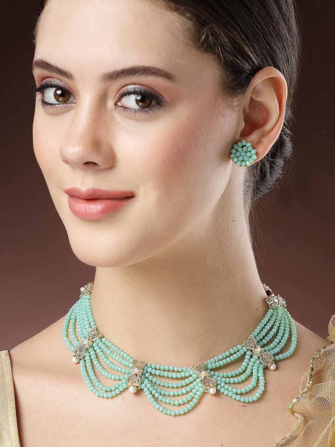 Karatcart Lime Green Crystal Gold Plated Kundan Necklace Set for Women