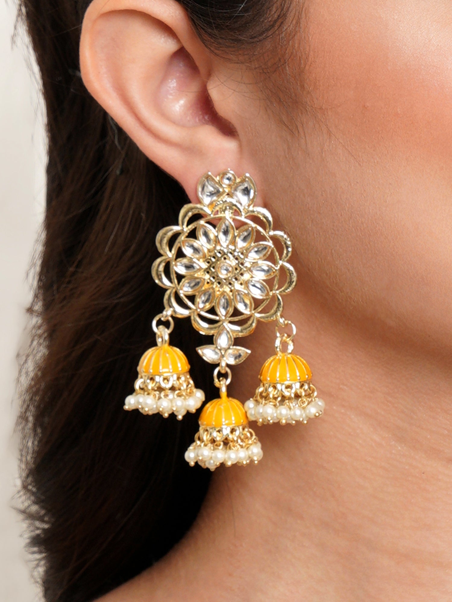 Karatcart Gold Plated Kundan Studded Yellow Meena Triple Jhumki Earrings for Women - view 4