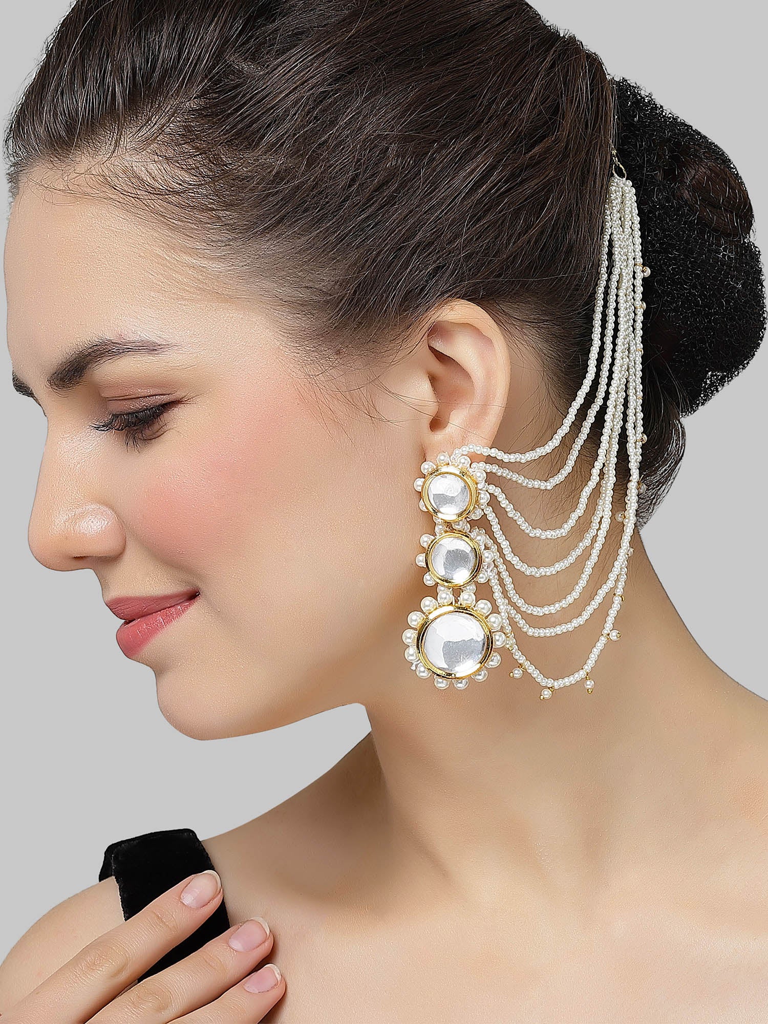 Karatcart Gold Plated Polki Kundan Pearl Kaanchain Earrings for Women - Image 1