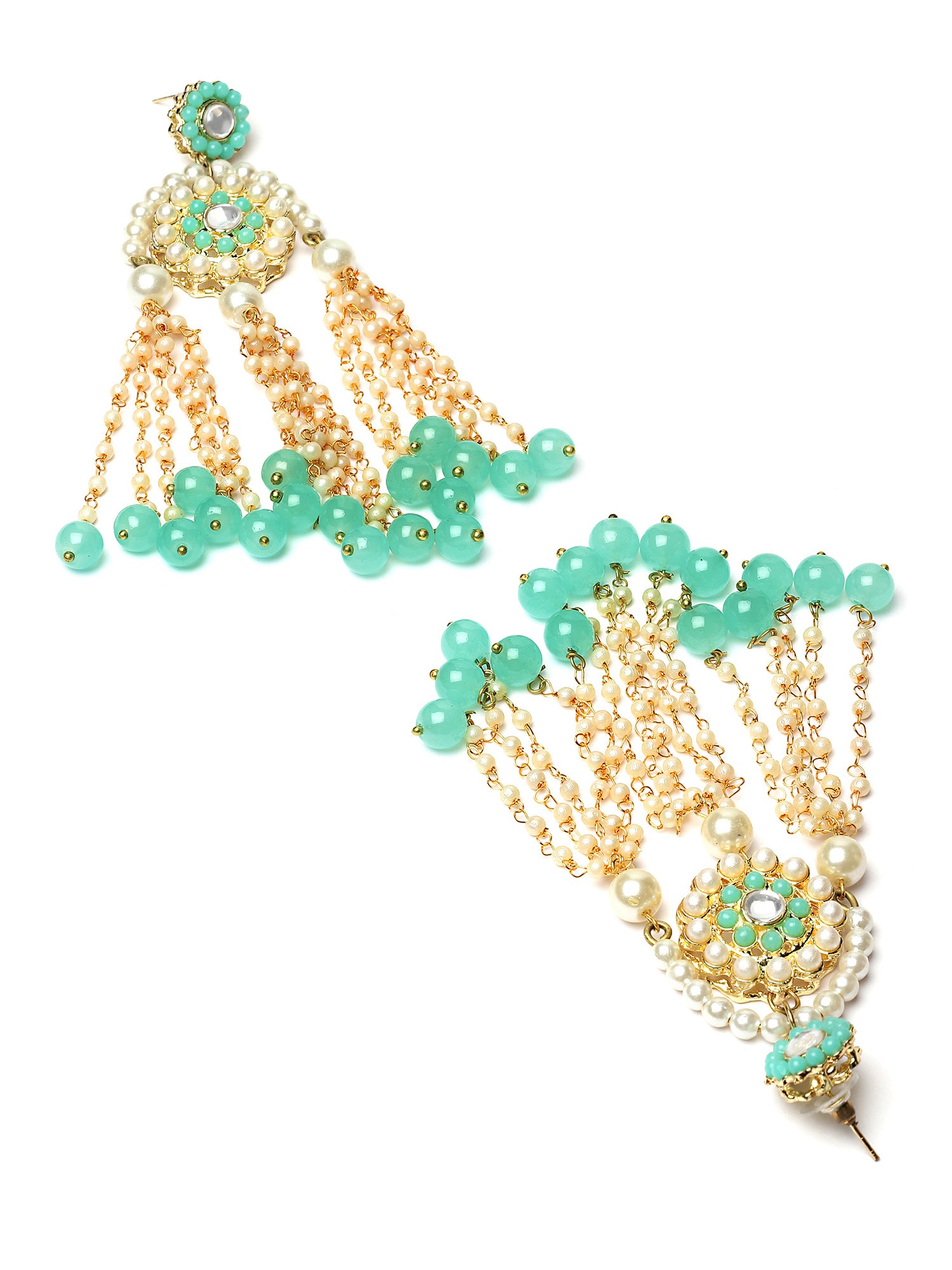 Karatcart Gold Plated Light Blue Beads and Pearl Kundan Drop Earrings for Women - view 5