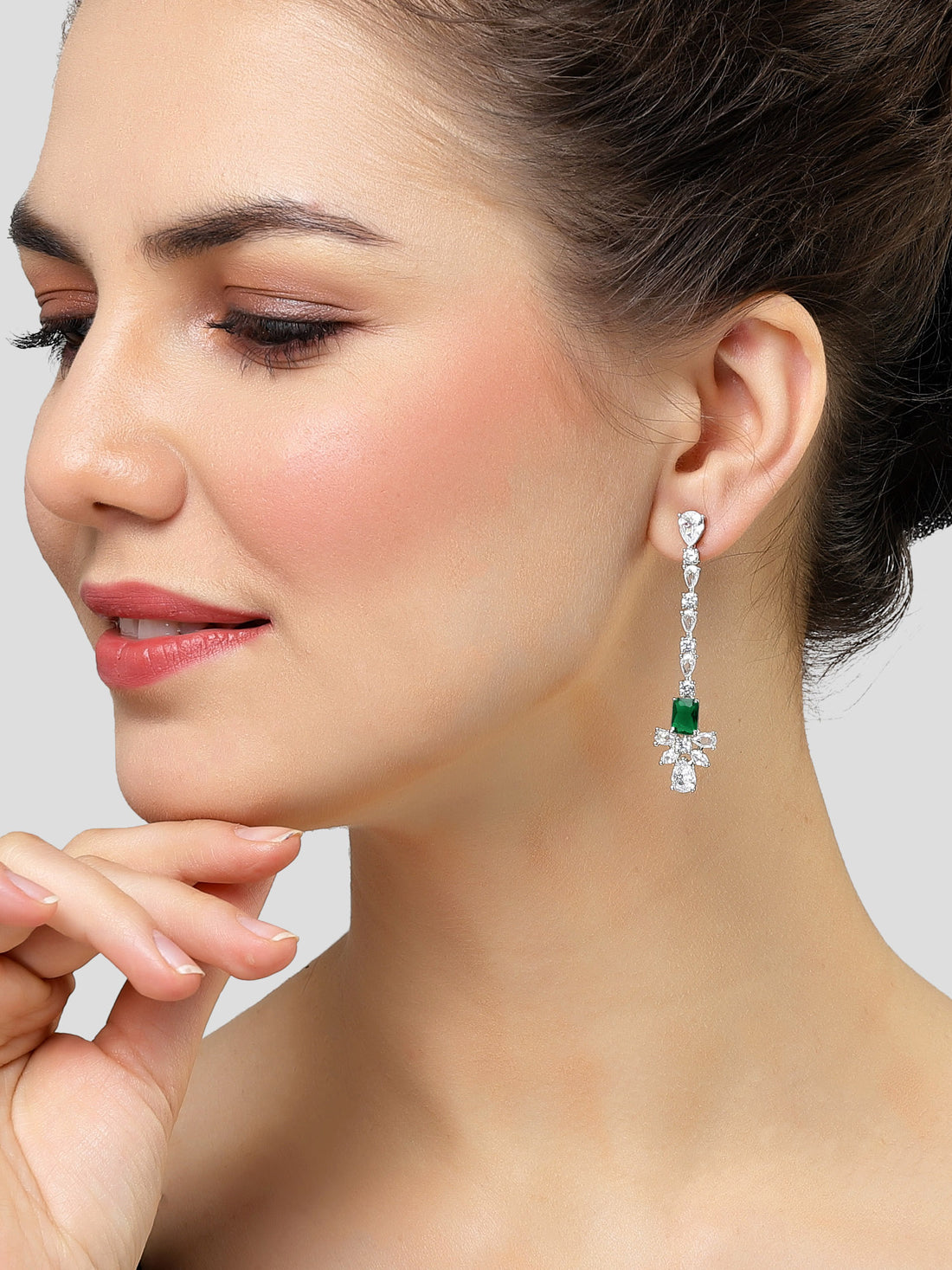 Karatcart Silver Plated Green Drop Cubic Zirconia Earrings for Women