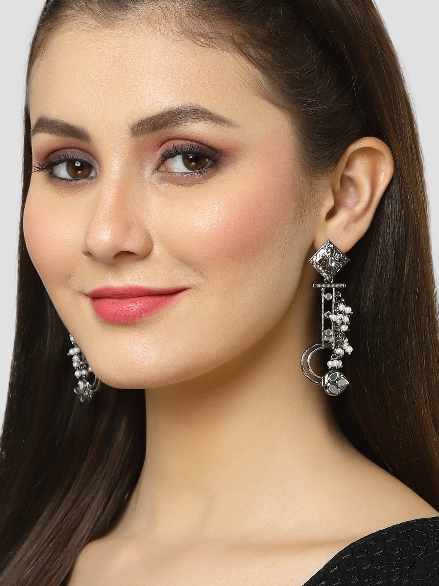 Karatcart Black Silver Plated Mirror Studded Pearl Dangler Earrings for Women - Image 1