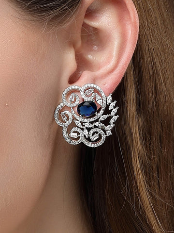 Karatcart Silver Plated Blue Oval Cubic Zirconia Floral Design Stud Earrings for Women