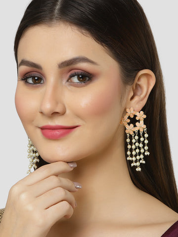 Karatcart Gold Plated Floral Design Peach Kundan Pearl Tassel Earrings for Women