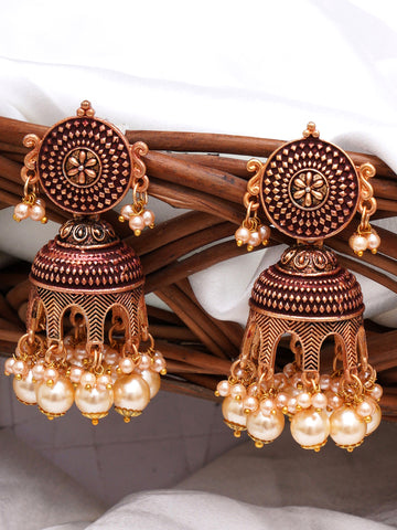 Karatcart Antique Gold Plated Maroon Tomb Style with Golden Pearl Jhumki Earrings for Women