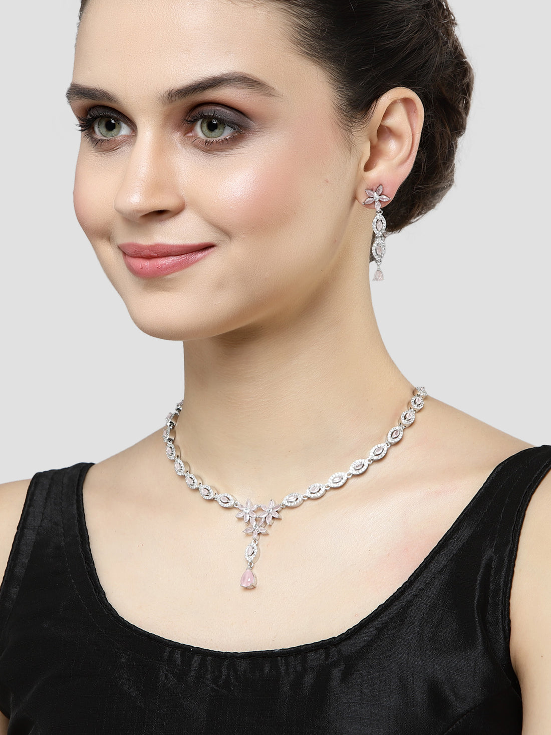 Karatcart Silver Plated Floral Design Pink Cubic Zirconia Studded Necklace Set