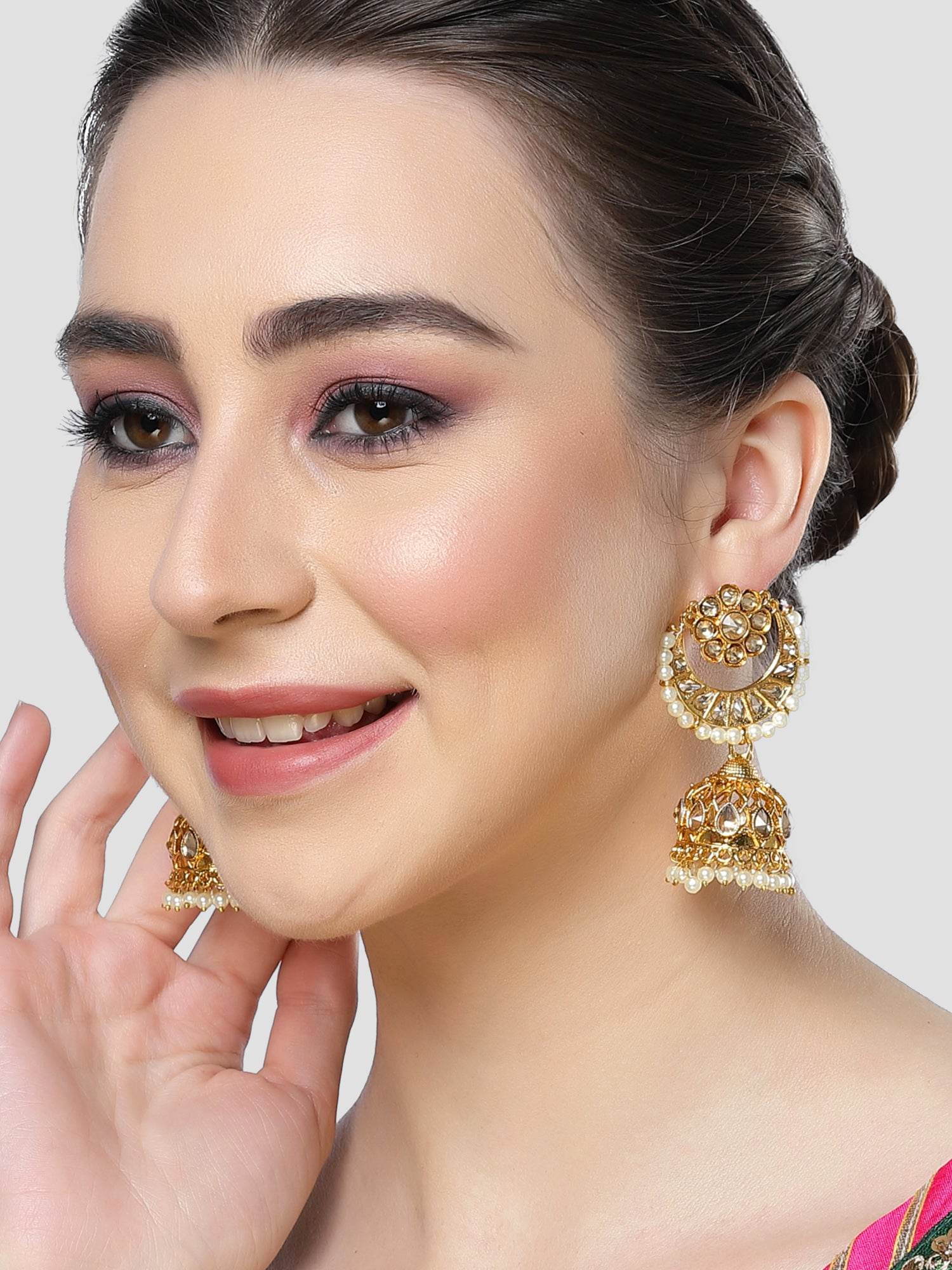 Karatcart Gold Plated Floral Design Kundan Studded Jhumki Earrings for Women - Image 1